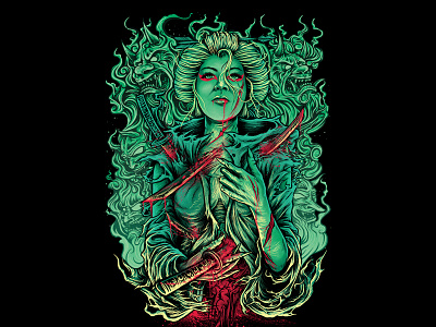 Gesha blades demon geisha ghost green illustration lady swords