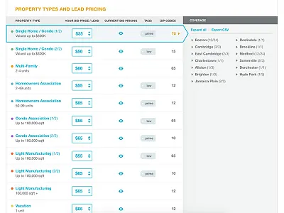 Lead Generation Filter Management v3 bids color coded filters list pricing table tags ui zip codes