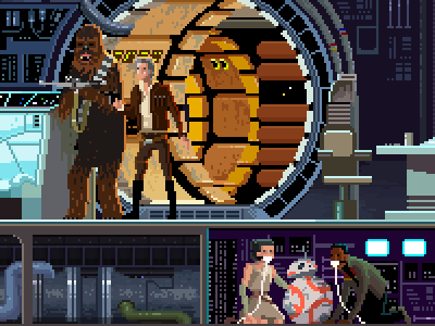 Star Wars The Force Awakens bb 8 bb8 chewbacca chewie han solo millennium falcon pixel art pixelart rey starwars the force awakens