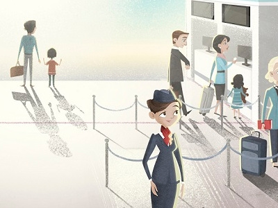 Where would you like us to take you today? airport animation background cartoon series character modern look