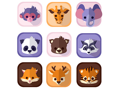 Set of super cute animals bear character deer elephant flat fox giraffe icon monkey panda raccoon tiger