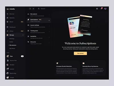 Create Subscription coaching dark metafy minimal onboarding stepper subscription tier ui ux