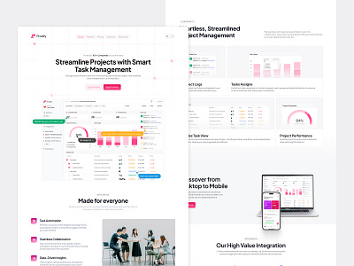 Prodify - SaaS Landing Page analytics app clean dashboard data homepage landing page layout levian product product design project management saas table task management team ui web app web design website