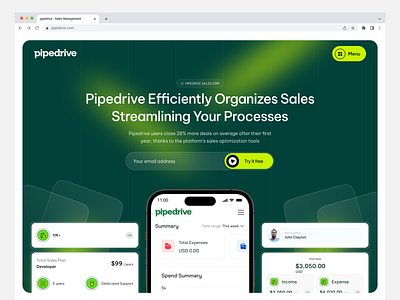 Pipedrive - Sales CRM Landing Page b2bsaas businessgrowth conversionoptimization crm platform crmsoftware hero area landingpagedesign leadmanagement marketingtech modernui pipedrive saasdesign saaslandingpage salesautomation salescrm uiuxdesign webdesign