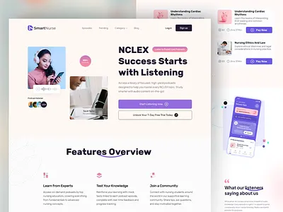 NCLEX Podcast Learning Website landing page audio streaming clean design e learning education platform idealrahi landing page medical learning mininal ui modern ui nursing education podcast app responsive web saas design subscription service ui ui ux user experience web app ui website design