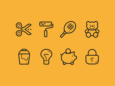 Stroke Icon bucket icon light bulb padlock piggy bank roller scissors teddy bear tennis racket yellow