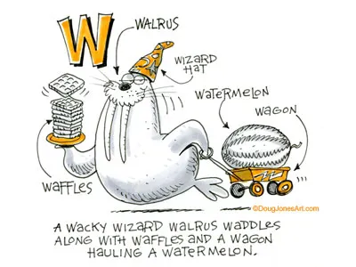 W is for Walrus alphabet animal cartoon humor illustration walrus