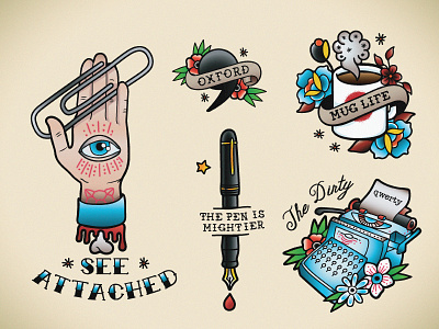 Temporary Tattoo Set 03 email icon jerry marketing mug pen sailor tatoo tattoo traditional typewriter