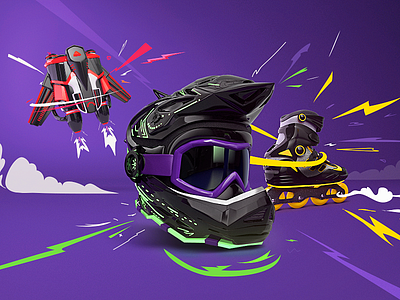 VIBE energy drink 3d animation bolt cell clouds helmet illustration jetpack lightning roller skates thunder vibe