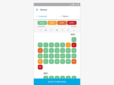 Android One-Ways android calendar dates flights mobile ui