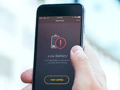 Drone Flight App - low battery app dark design error ios iphone layout mobile screen ui warning