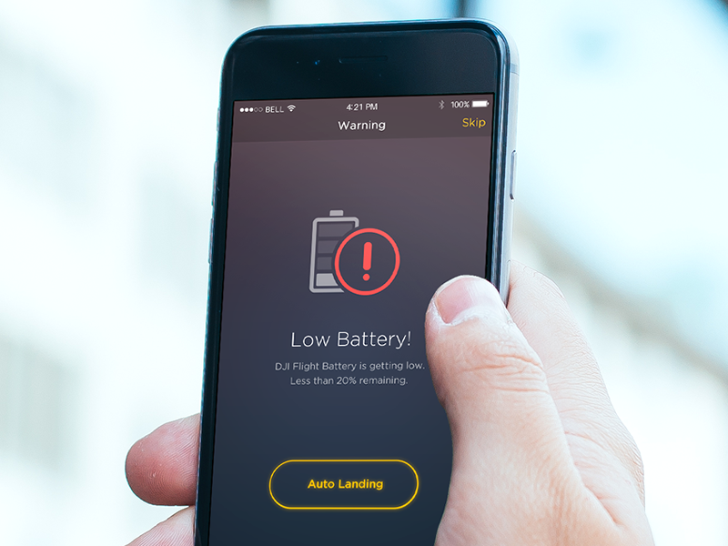Example of Drone Flight App - low battery