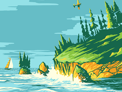 Blanket Illustration WIP airplane bluff cliff coast pines rocks sailboat summer trees waves