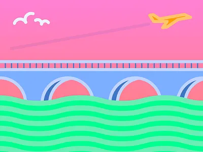 Bridge airplane blue geometric illustration linework minimal modern pink teal