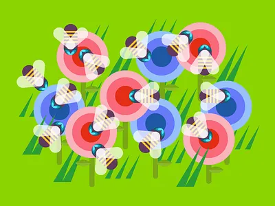 Work work work bees colorful dizzyline flowers garden grass illustration nature work