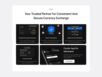 Features Section - Money Exchange App bento bento design clean dark design feature features section group illustration landing page money exchange section design ui uiux ux web web design