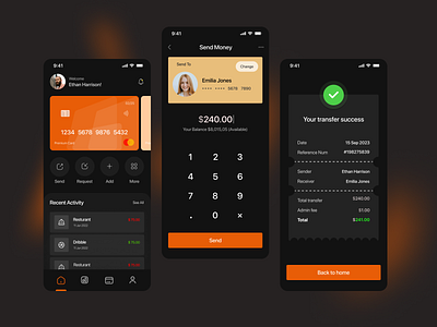 Finance App Design app application bank banking dark dark mode design last transaction menu mobile mobile app send money transaction transfer ui uidesign ux uxdesign