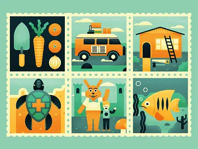 Happy Holidays! character drawing editorial fish house illustration texture turtle vacation van vector vegetables