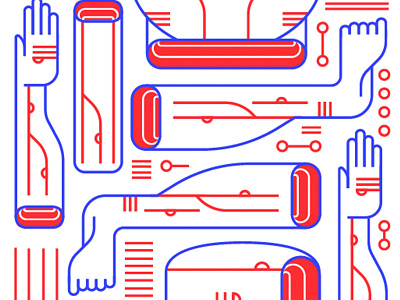 Dismembered Pt.1 arms blue circuit human legs linework logo minimal monoline parts red robot