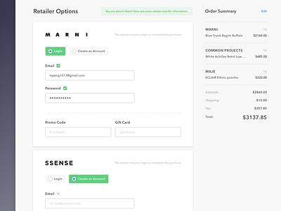 Multi-retailer Checkout card checkout fields form radio button retailer shopping summary