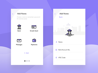 Add Notes (PassSafe app) account app bank card credit message notes payment ui