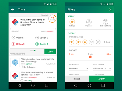 Filter screen filter trivia questions filterby hotels live questions nearby quiz restaurants search short by sorting