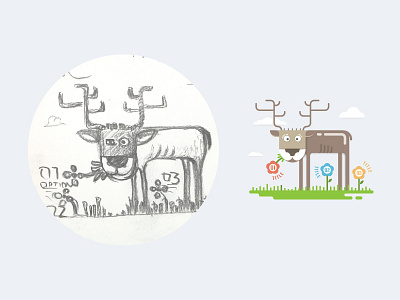 Deer - From Sketch To Result animal character cute design drawing flat graphic green icon illustration infographic sketch