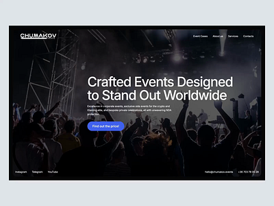 Chumakov Events Website Design. Creating events and parties agency website art direction black clean design events grid homepage layout minimal motion party portfolio website swiss typo typography ui webflow website whitespace