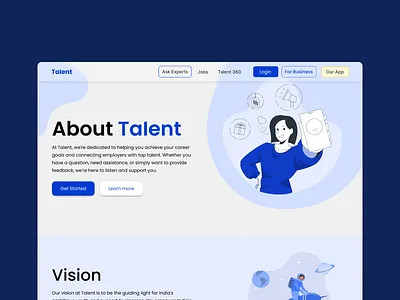 About Page about benefits blue card column cta features hero hiring icon illustration layout minimalist mission modern page principles section ui vision