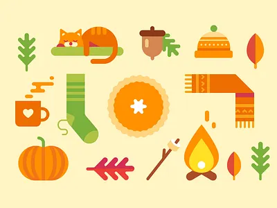 Autumn autumn cat fall fire flat icon illustration leafs pumpkin scarf sock thanksgiving