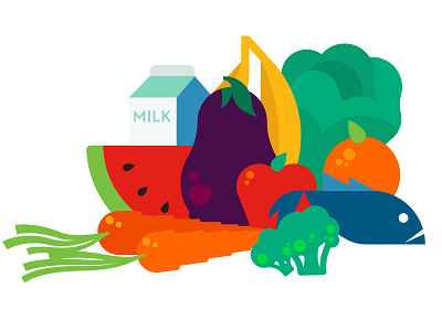 foodish apples bananas broccoli carrots eggplant fish flat healthy healthy food illustration lettuce milk orange veggies watermelon