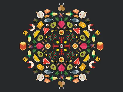 Lucky Peach Food Illustrations avocado cheese chicken color food icons illustration mandala salmon shrimp steak tacos