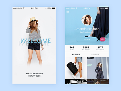 Beauty blog app debute fashion first shot gallery ios mobile profile splash screen ui welcome screen