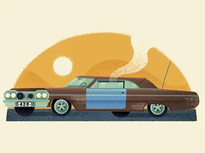 Up in Smoke 420 car drawing hills illustration retro sky smoke sun texture vintage window