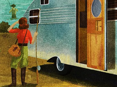 Camper Trailer 30s 40s camper camping fishing illustration outdoors people retro trailer vintage