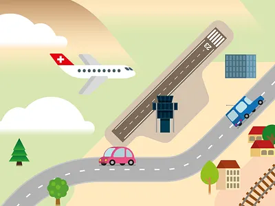 Geneva, around the airport… airport cars cartography control tower illustration map