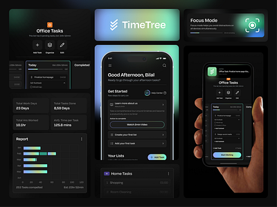 TimeTree - Manage your daily task like pro app branding chart clockify daily task dark mode design focus mode get started manage minimal mobile plan product hunt steps task detail task listing time management to do ui design