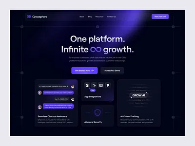 Growsphere - CRM Website ai driven animate b2b chatbot clean crm customer dipa inhouse intelligent landing page management minimalist modern saas seamless startup streamline ui web design website