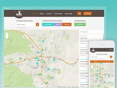 Pets Of The Homeless Map interactive map location detection map map filters nonprofit nonprofit website pets pets of the homeless responsive
