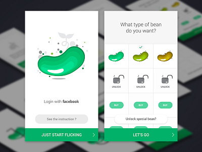 Flick the Bean Game Design clean game design green ios prototype rock paper scissors ui ux