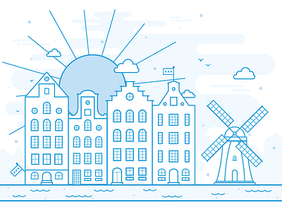 Amsterdam Postcard amsterdam buildings canalhouses city holland illustration line art netherlands postcard vector windmill