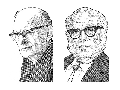 Clarke & Asimov hedcut pen ink portrait stipple