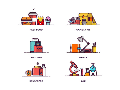 Icon Set P.I breakfast business camera fast food icon icon set illustration lab line illustration office set