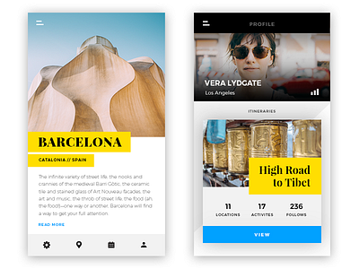 Travel App - Destination and Profile app destination interface itinerary location locations place profile screen travel trip ui