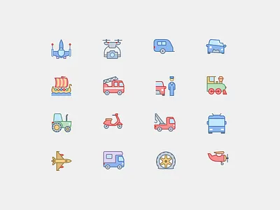 New Transport Icons in Office Style crashed car drone flat icons office icons prop plane ship tire trailer
