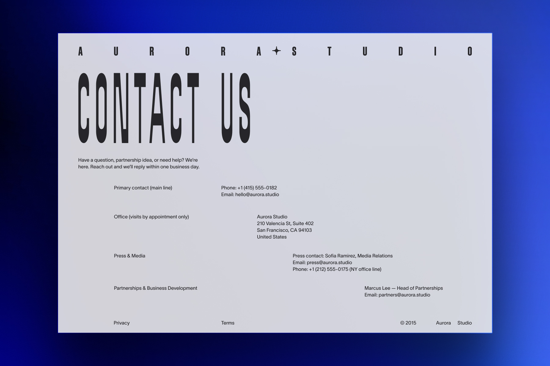 Contact Us Page for Aurora Agency call to action composition contact page contact us daily ui dailyui design graphic design grid print inspired typography ui ux web design