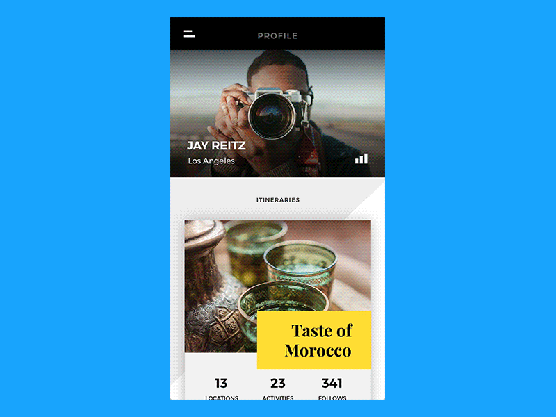 Travel App - Profile animation app application guide itinerary map principle profile prototype slider travel ui