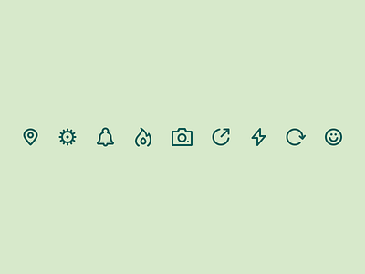 Happyning Icons bell flame glyph iconography icons line pictogram set settings share stroke trending