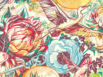 Crane birds crane decorative digital editorial floral flowers illustration ink magazine process