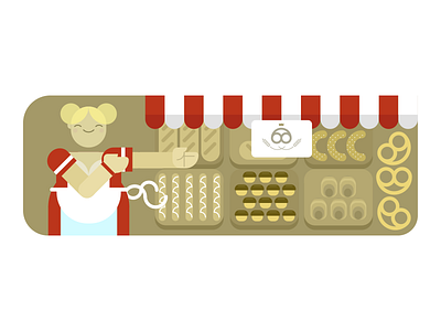 Bäckerei bakery character fat flat girl illustration pastry pretzel shop strudel vector woman